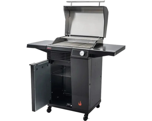 Cărucior grătar cu capac deschis și mese laterale