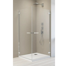 Cabină de duș pe colț cu cadă și uși de sticlă