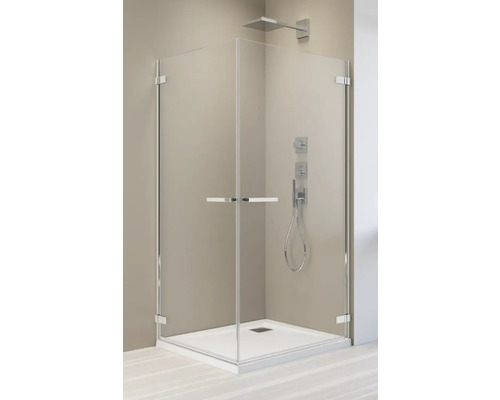 Cabină de duș pe colț cu cadă și uși de sticlă