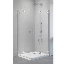 Cabină de duș pe colț cu sticlă transparentă și cadă de duș