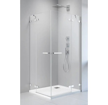 Cabină de duș pe colț cu cap de duș pătrat și pereți de sticlă pe o cadă de duș