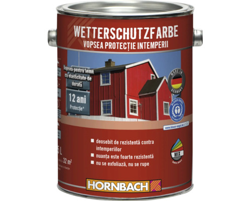 Vopsea Hornbach pentru protecția lemnului cu doisprezece ani protecție, rezistentă la intemperii, certificare Blauer Engel, Made in Germany, Hornbach Logo.