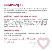 Compoziție hrană pentru animale: 75% carne și produse derivate de natură animală, cereale, substanțe minerale, extracte de proteine vegetale, produse derivate de natură vegetală, aditivi și valori nutriționale.
