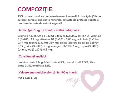 Compoziție hrană pentru animale: 75% carne și produse derivate de natură animală, cereale, substanțe minerale, extracte de proteine vegetale, produse derivate de natură vegetală, aditivi și valori nutriționale.