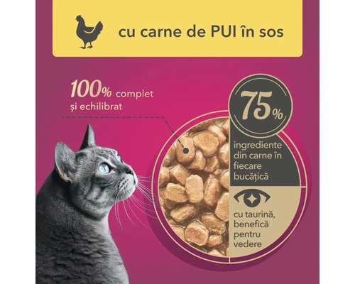 hrană pentru pisici cu carne de pui în sos, 100% completă și echilibrată, 75% ingrediente din carne în fiecare bucată, cu taurină, benefică pentru vedere