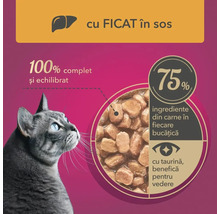 Hrană pentru pisici cu ficat în sos, 100% completă și echilibrată, 75% ingrediente din carne în fiecare bucată, cu taurină, benefică pentru vedere.