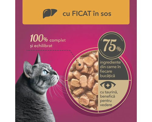 Hrană pentru pisici cu ficat în sos, 100% completă și echilibrată, 75% ingrediente din carne în fiecare bucată, cu taurină, benefică pentru vedere.