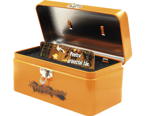 Cutie de scule portocalie deschisă cu card