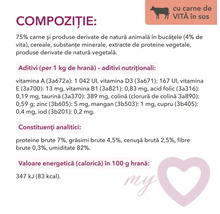 Compoziție, aditivi, constituenți analitici și valoare energetică pentru hrana animalelor cu carne de vită în sos