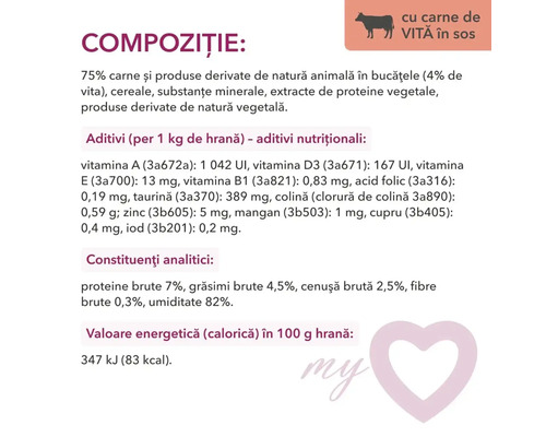 Compoziție, aditivi, constituenți analitici și valoare energetică pentru hrana animalelor cu carne de vită în sos