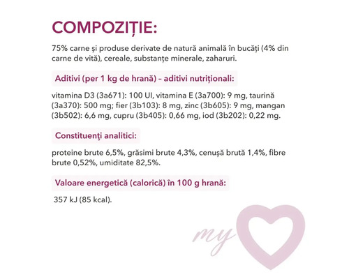 Compoziție hrană pentru animale: 75% carne și produse derivate de natură animală, cereale, substanțe minerale, zaharuri, aditivi și valori nutriționale