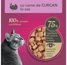 Hrană pentru pisici cu carne de curcan în sos, 100% completă și echilibrată, 75% ingrediente din carne în fiecare bucățică, cu taurină, benefică pentru vedere