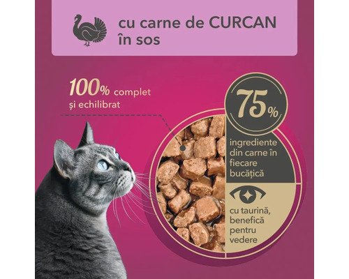 Hrană pentru pisici cu carne de curcan în sos, 100% completă și echilibrată, 75% ingrediente din carne în fiecare bucățică, cu taurină, benefică pentru vedere