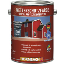 Vopsea Hornbach pentru protecția lemnului cu doisprezece ani protecție, rezistentă la intemperii, certificare Blauer Engel, Made in Germany, Hornbach Logo.