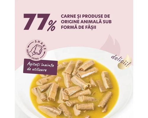 Hrană pentru pisici cu 77% carne și produse de origine animală