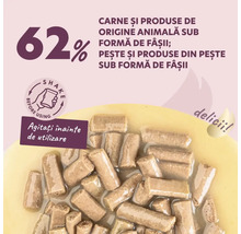 Hrană pentru animale cu 62% carne și produse de origine animală sub formă de fâșii