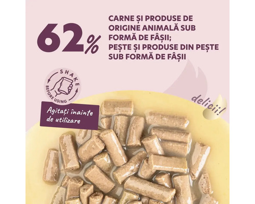 Hrană pentru animale cu 62% carne și produse de origine animală sub formă de fâșii