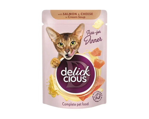 Hrană pentru pisici Delick Cious cu somon și brânză în supă cremă