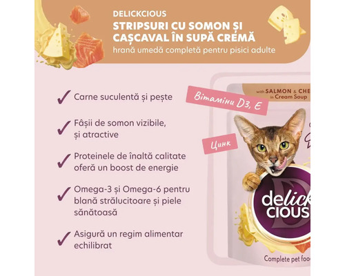 Delickcious hrană pentru pisici cu somon și brânză în supă cremă