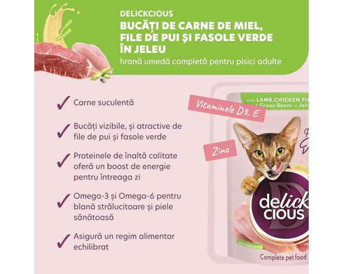 Hrană pentru pisici Delickcious cu miel, file de pui și fasole verde în jeleu
