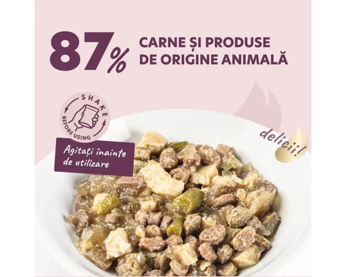 Hrană pentru pisici cu 87% carne și produse de origine animală