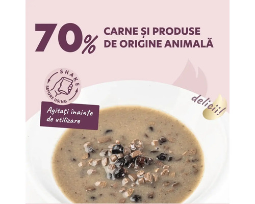 Un bol cu hrană pentru animale de companie, care conține 70% carne și produse de origine animală.