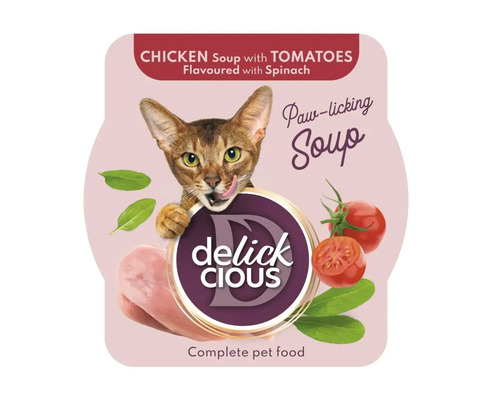 Hrană umedă pentru pisici DELICKCIOUS Adult supă de pui cu roșii și aromă de spanac 80 g Delick Cious supă de pui cu roșii și spanac pentru pisici