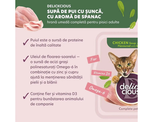 Delickcious supă de pui cu șuncă și aromă de spanac pentru pisici adulte