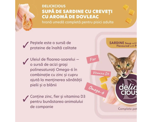 Hrană umedă pentru pisici Delickcious cu sardine și creveți cu aromă de dovleac pentru pisici adulte