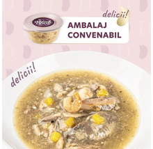 Delicatesă pentru pisici cu pește și porumb în caserolă și bol