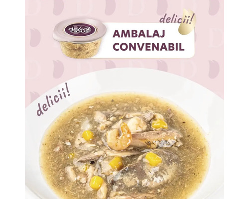 Delicatesă pentru pisici cu pește și porumb în caserolă și bol