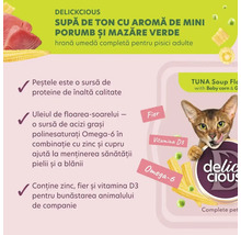 Supă Delickcious de ton cu aromă de mini porumb și mazăre verde pentru pisici adulte