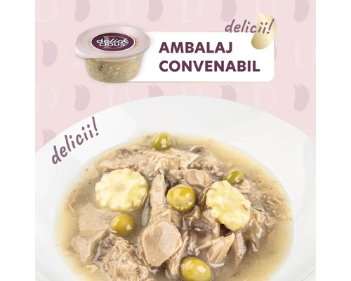 Mâncare pentru pisici Delick Cious cu ton și măsline într-o farfurie și un castron