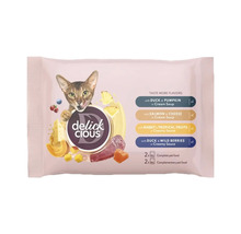 Hrană pentru pisici Delick Cious cu rață și dovleac, somon și brânză, iepure și fructe tropicale, precum și rață și fructe de pădure