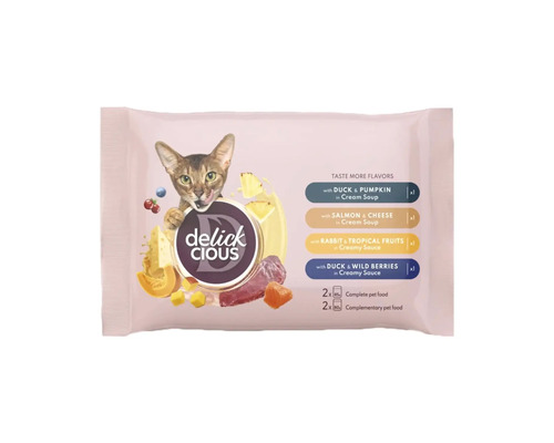 Hrană pentru pisici Delick Cious cu rață și dovleac, somon și brânză, iepure și fructe tropicale, precum și rață și fructe de pădure