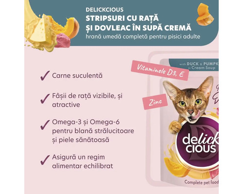 Hrană pentru pisici Delickcious cu rață și dovleac în supă cremă
