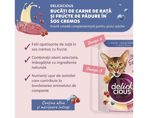 Delickcious hrană pentru pisici cu rață și fructe de pădure în sos cremos