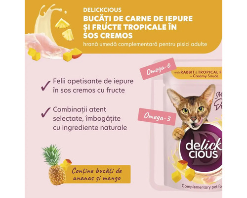 Delickcious hrana pentru pisici cu carne de iepure si fructe tropicale in sos cremos