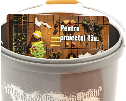 Găleată cu accesorii de grădină și inscripția Pentru proiectul tău