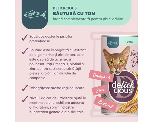 Băutură Delickcious cu ton, hrană complementară pentru pisici adulte.