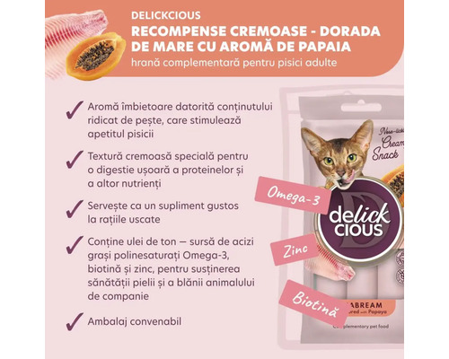 Recompense cremoase Delickcious cu dorada de mare și aromă de papaia pentru pisici adulte