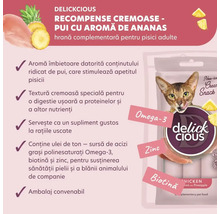Delickcious recompense cremoase pentru pisici cu aromă de pui și ananas. Hrană complementară îmbogățită cu Omega-3, zinc și biotină.