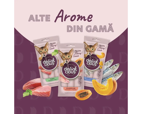 Trei pachete de gustări pentru pisici Delick Cious cu ton, doradă și sardine