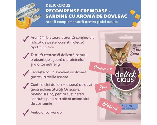 Gustare pentru pisici Delickcious cu aromă de sardine și dovleac