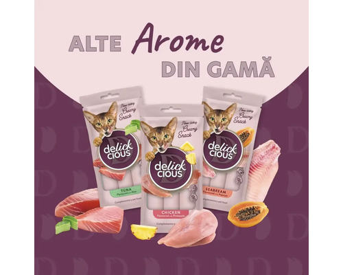 Trei pachete de gustări pentru pisici Delick Cious cu arome de ton, pui și doradă