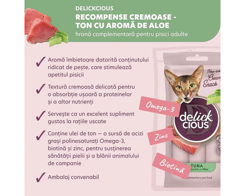 Delickcious recompense cremoase pentru pisici cu aromă de aloe, supliment alimentar.