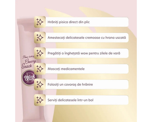 Imaginea produsului Delick Cious Creamy Snack cu sugestii de hrănire pentru pisici