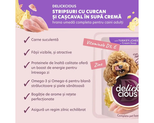 Delickcious hrană pentru câini cu curcan și cașcaval în supă cremă