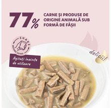 Hrană pentru pisici cu 77% carne și produse de origine animală sub formă de fâșii
