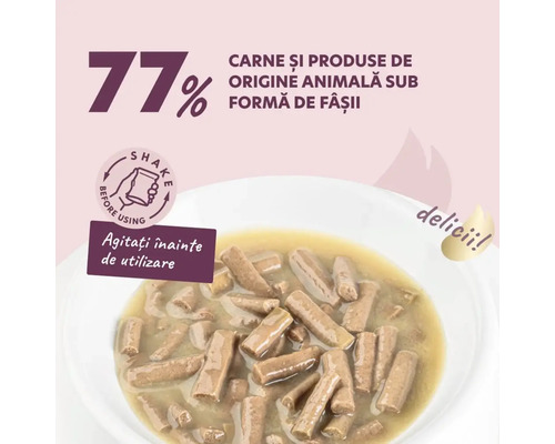 Hrană pentru pisici cu 77% carne și produse de origine animală sub formă de fâșii